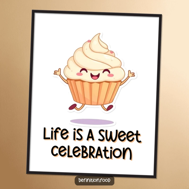 Funny Free Printable Wall Art showcasing a joyful cupcake character captured mid-hop, radiating happiness and sprinkles.