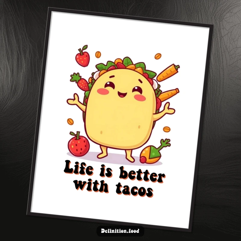 Funny Free Printable taco character with a big grin, expertly juggling a variety of delicious ingredients.
