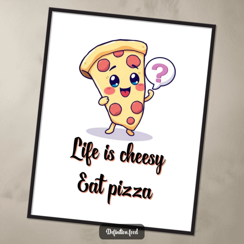 Funny free printable wall art of a happy pizza slice character with a quiz bubble, inviting interaction. A playful statement piece.