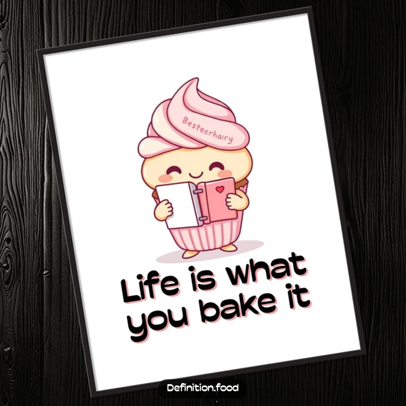 Funny free printable wall art depicting a smiling cupcake character holding a small, open dictionary. A whimsical and smart addition.