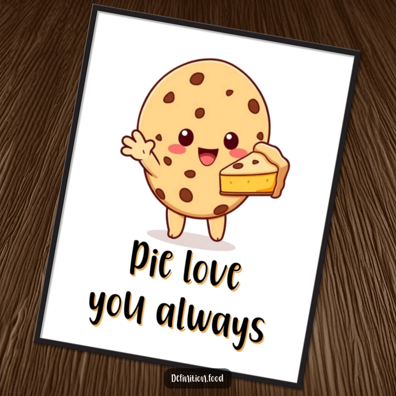 Funny free printable wall art of a cookie character holding out a slice of pie, inviting a shared moment of delight.