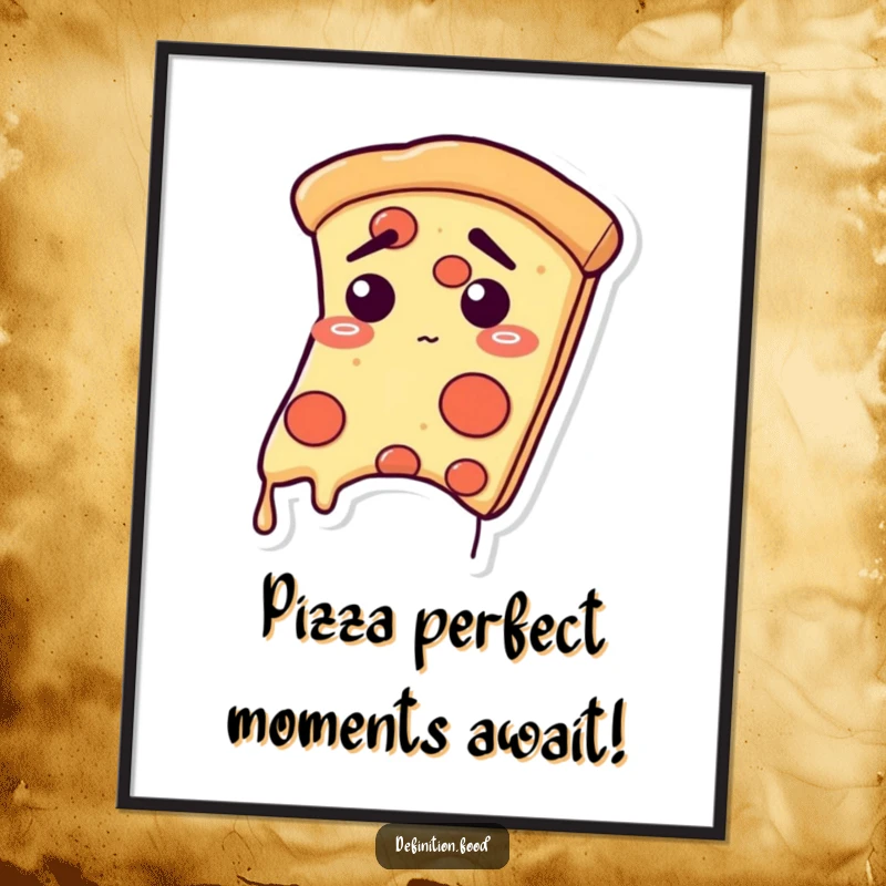 Funny free printable wall art showing a pizza slice character with a relieved expression, droops slightly, adding a humorous touch.