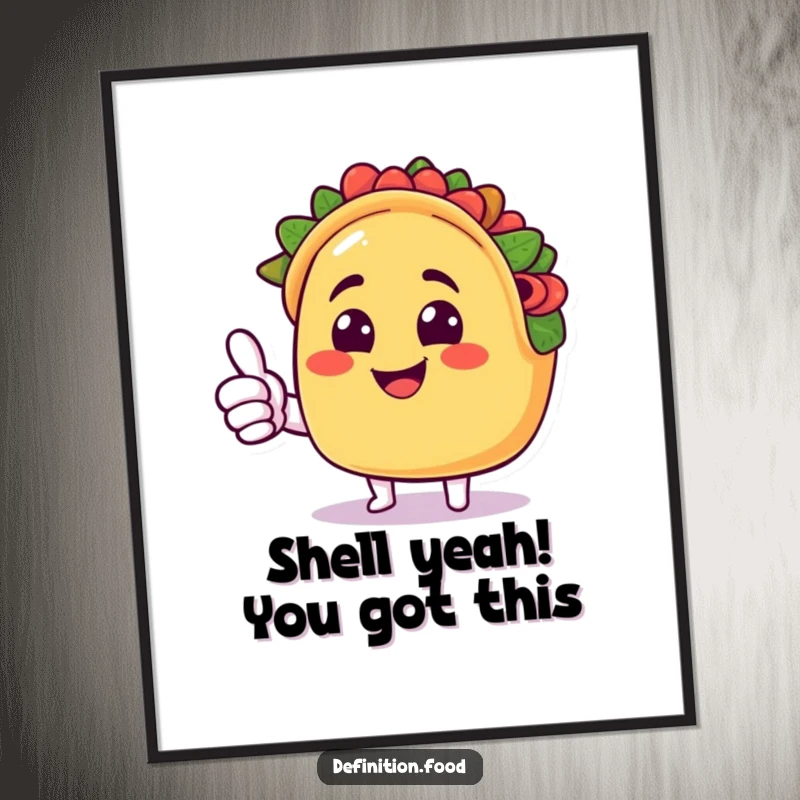 Funny Free Printable Taco Wall Art: smiling taco character giving a cheerful thumbs up, perfect for kitchen decor, downloadable art.