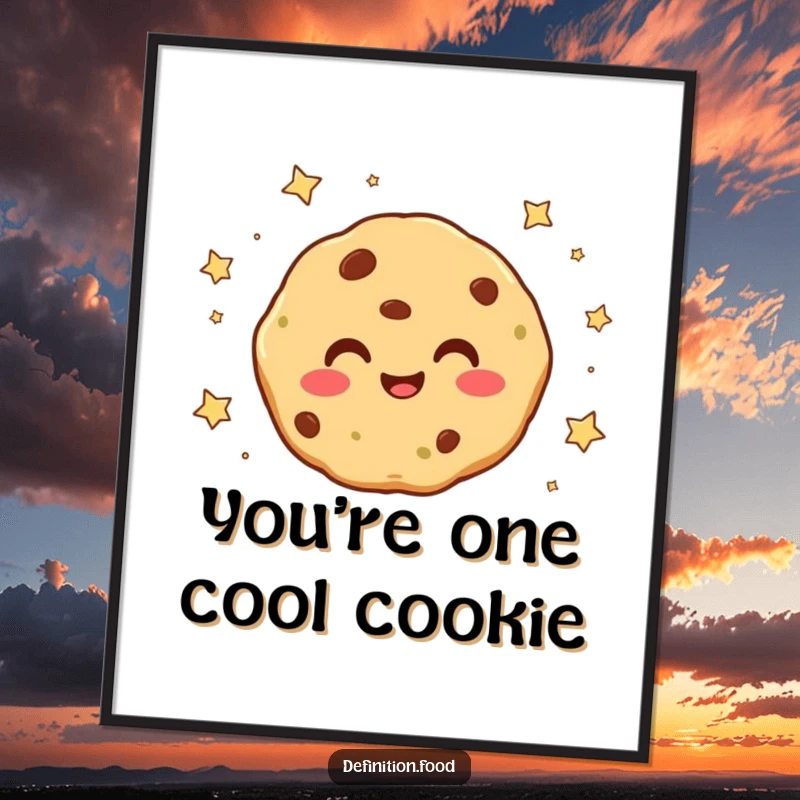 Funny free printable wall art of a smiling cookie character adorned with tiny falling stars, creating a magical and cheerful vibe.
