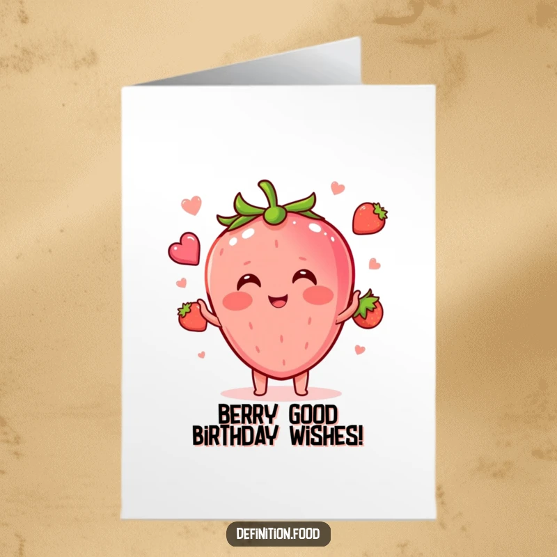 Funny Free Printable Birthday Card: A blushing strawberry juggles tiny food shapes with a shy smile, ready for a birthday wish.