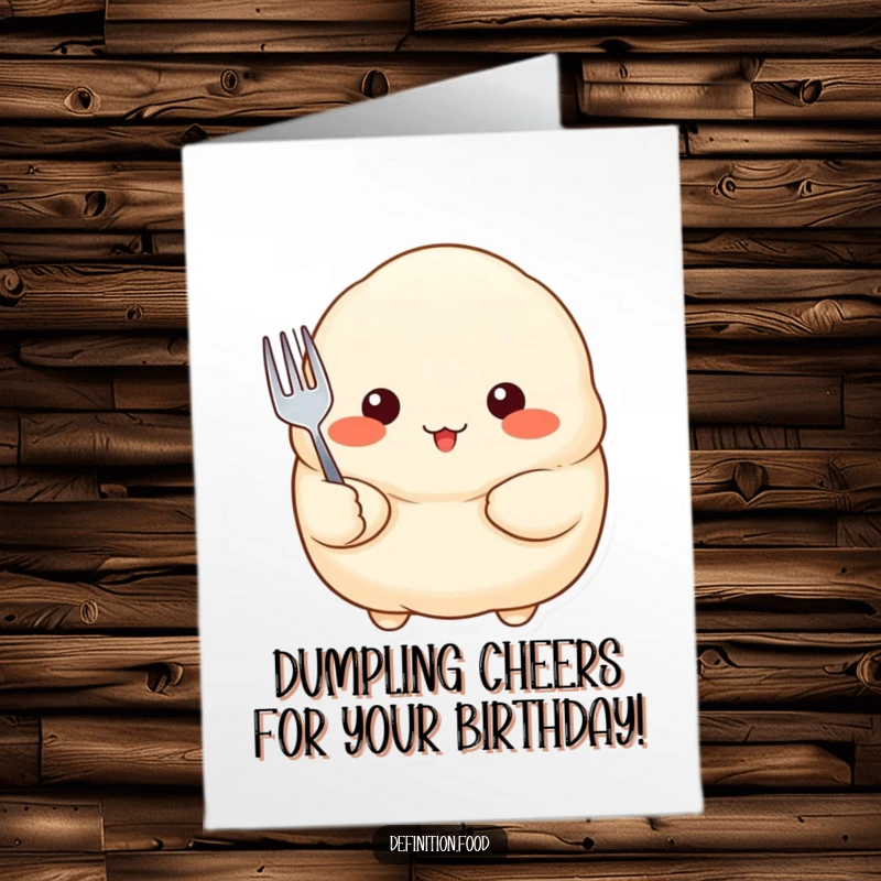 Funny Free Printable Birthday Card: Proud dumpling with rosy cheeks holds a tiny fork, ready for birthday treats. Downloadable art.