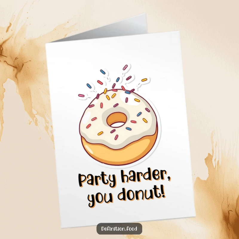 Funny Free Printable Birthday Card: A delighted doughnut character with colorful sprinkles erupting from its head in celebration.