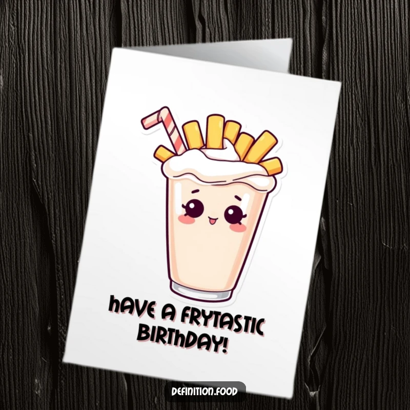 Funny Free Printable Birthday Card featuring a curious french fry peeking out from a creamy milkshake.