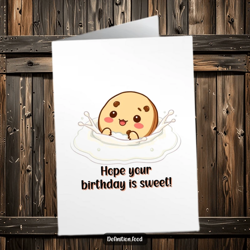 Funny Free Printable Birthday Card: Silly cookie character humorously pretending to swim in a glass of milk.