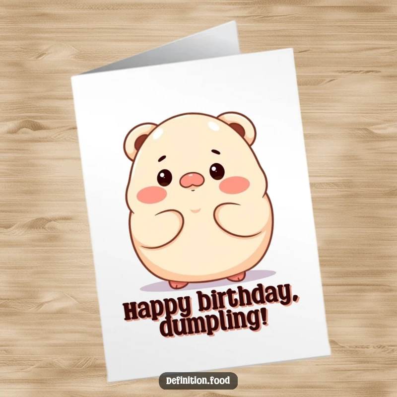 Funny free printable birthday card showing a proud dumpling character with a pensive expression, contemplating birthday wishes. A unique card.