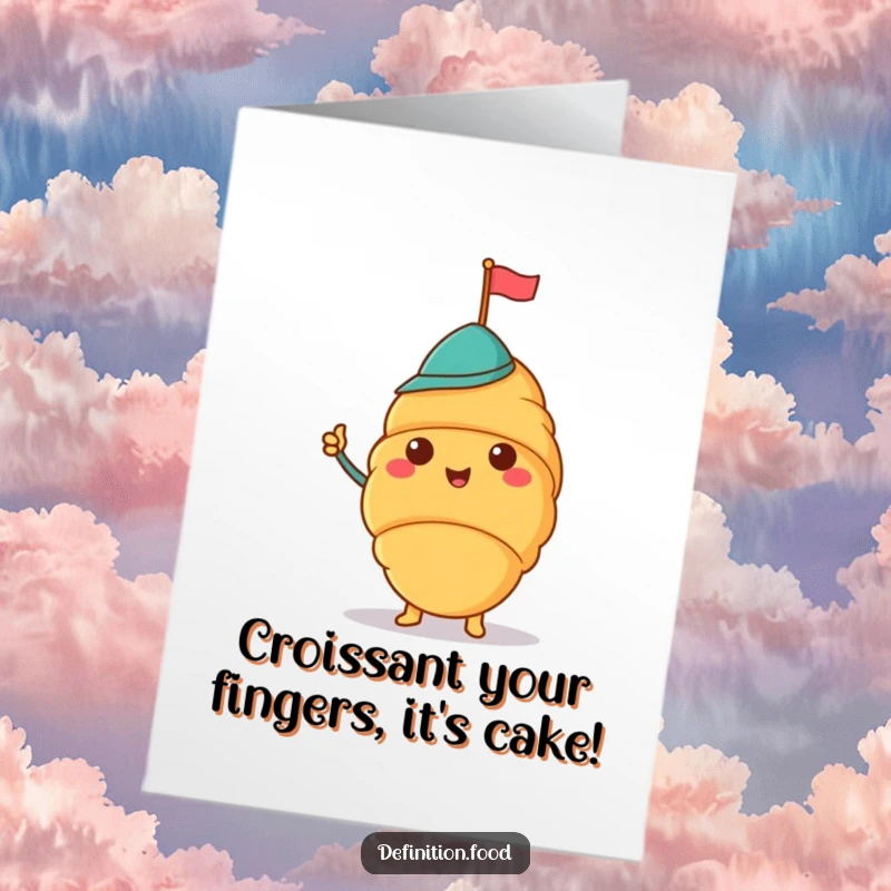 Funny Free Printable Birthday Card: A cheerful croissant with a jaunty hat waves a tiny flag, perfect for download.