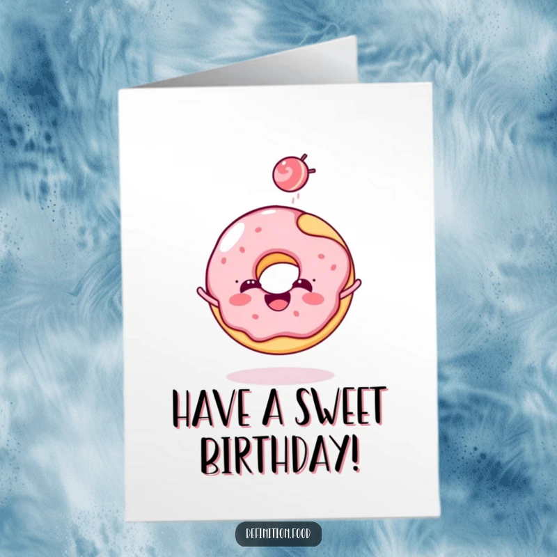 Funny Free Printable Donut Birthday Card: cheerful donut character tossing candy, celebrating a birthday, downloadable gift.