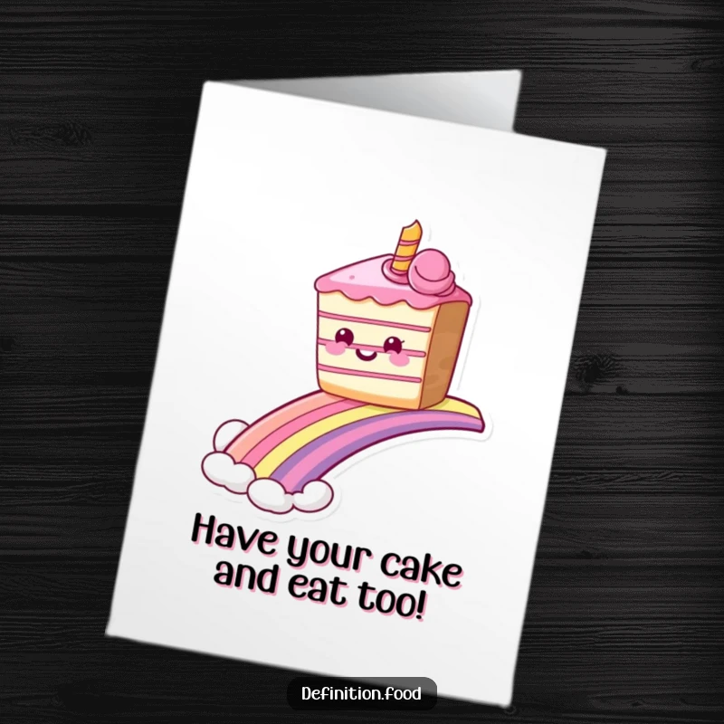 Funny Free Printable Birthday Card: A grinning slice of cake gleefully sliding down a bright rainbow, embodying birthday bliss.