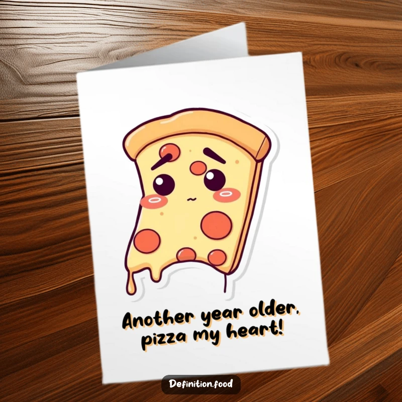 Funny free printable birthday card featuring a pizza slice character with a relieved expression, droops slightly, wishing a happy birthday.