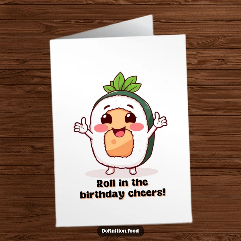 Funny free printable birthday card with a smiling sushi roll character and tiny arms gesturing enthusiastically, wishing a happy birthday.