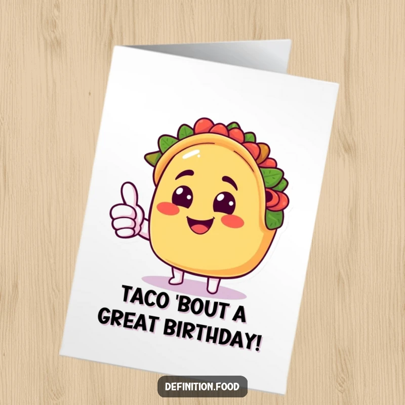 Funny Free Printable Taco Birthday Card: smiling taco character giving a cheerful thumbs up, celebrating a birthday, downloadable gift.