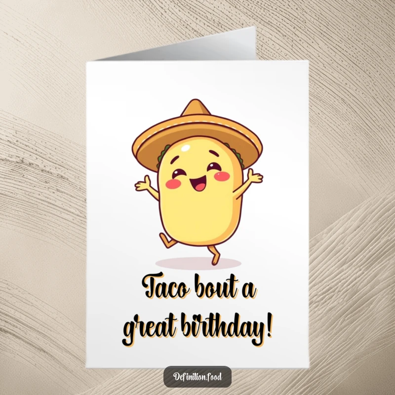 Funny Free Printable Birthday Card showing a happy taco in a sombrero doing a joyful salsa dance.