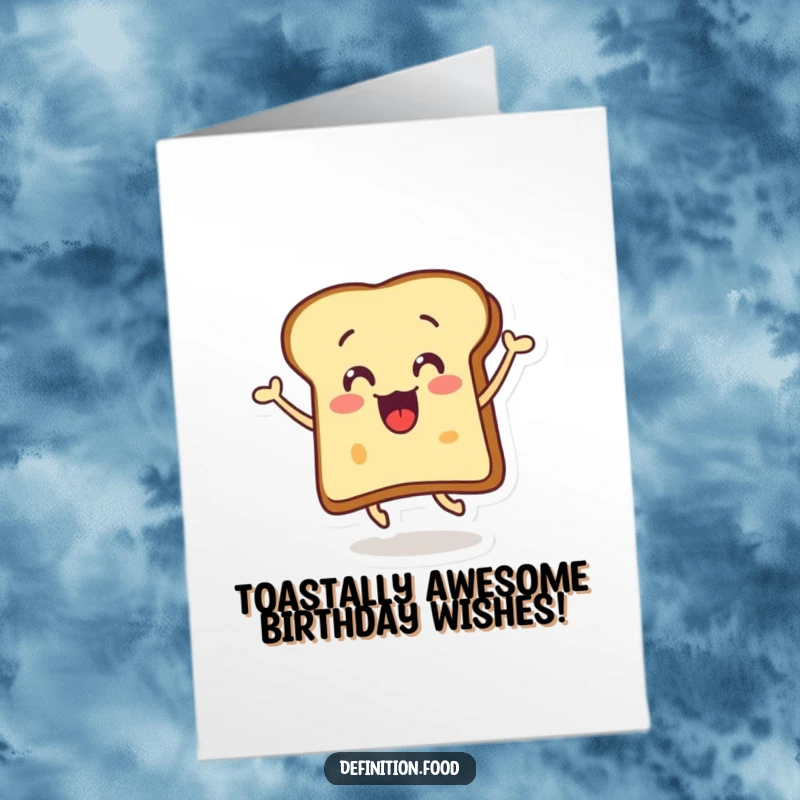 Funny Free Printable Birthday Card featuring a buttered toast slice doing a surprised, happy leap with wide eyes.