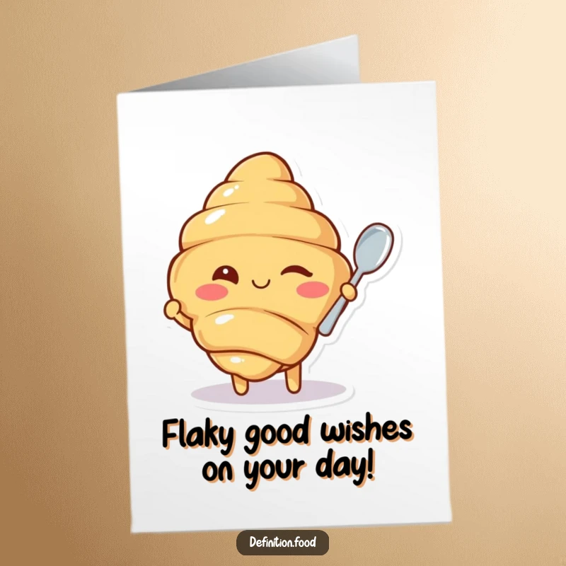 Funny Free Printable birthday card featuring a winking croissant character offering a tiny spoon with a mischievous smile.