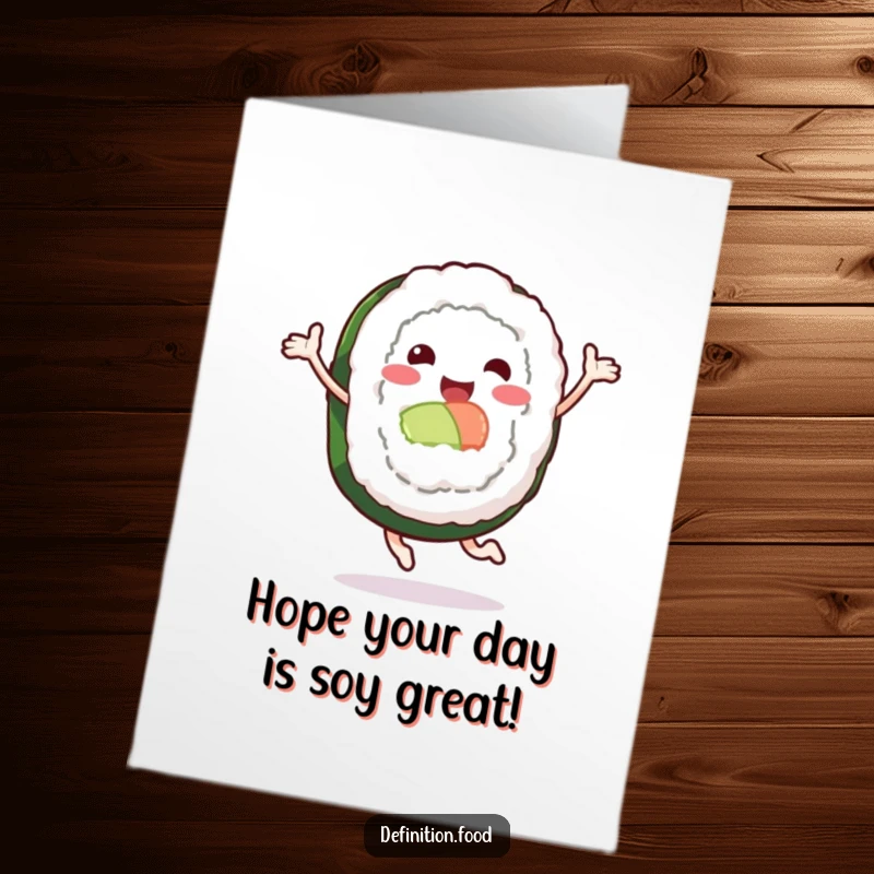 Funny Free Printable smiling sushi roll character happily leaping with joy, ready to wish a happy birthday.