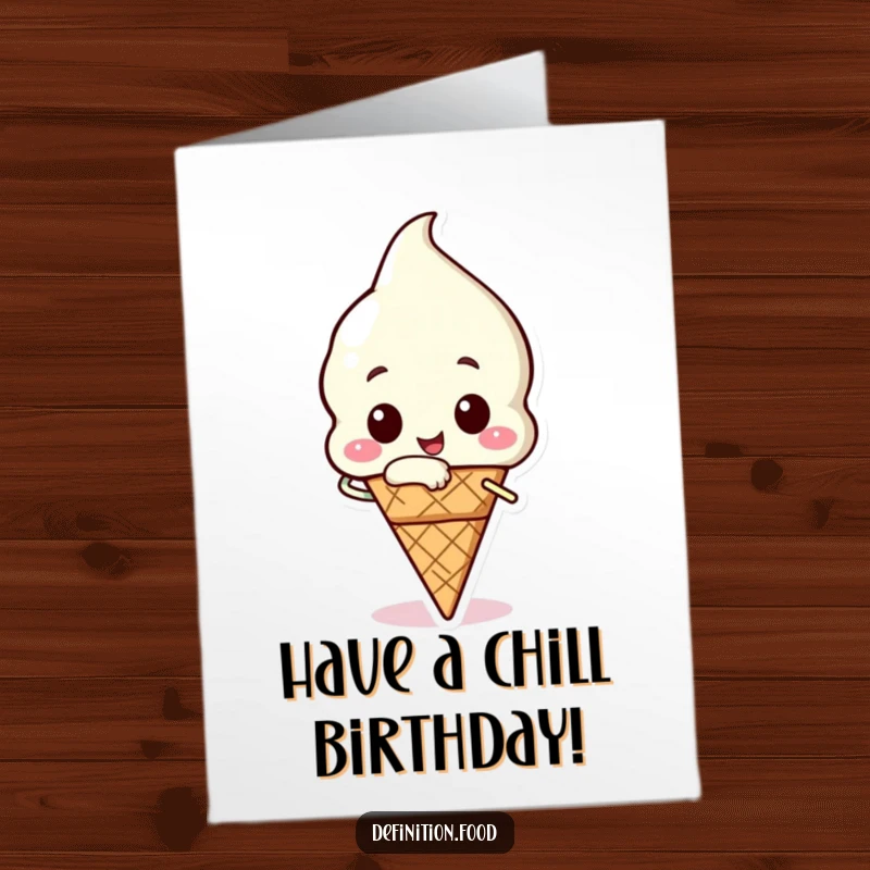 Funny Free Printable Ice Cream Birthday Card: happy ice cream cone character taking a triumphant bite, celebrating a birthday, downloadable gift.