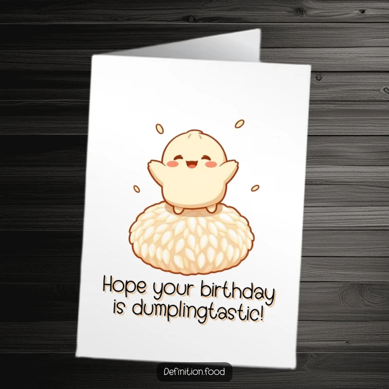 Funny free printable birthday card featuring a cheerful dumpling character bouncing playfully on a giant rice grain, wishing a happy birthday.