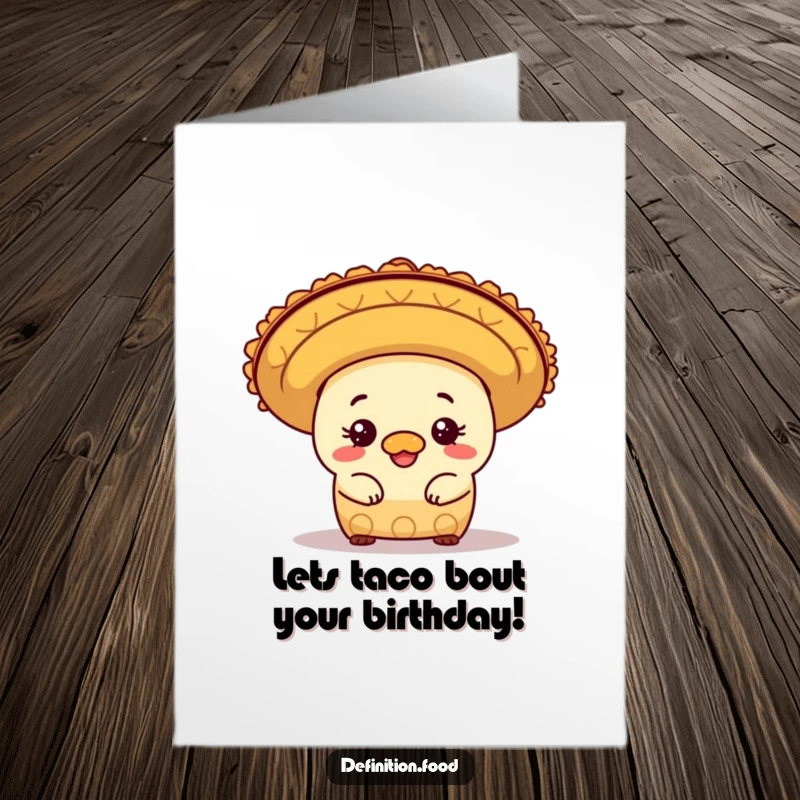 Funny Free Printable Birthday Card: Mischievous burrito character peeking playfully from under a festive sombrero.