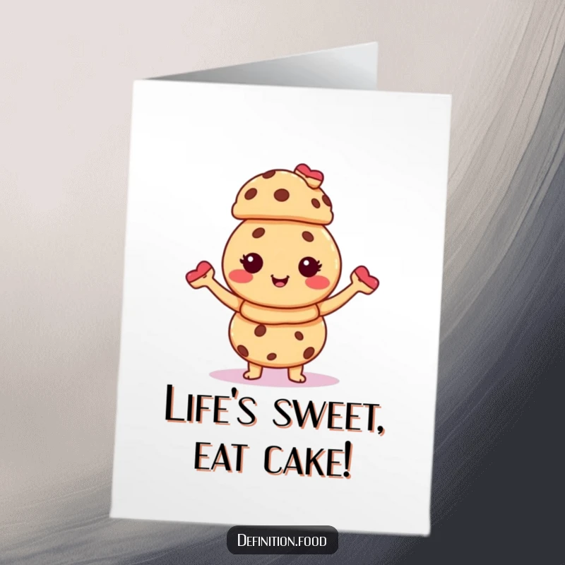 Funny Free Printable Birthday Card featuring a giggling cookie character joyfully balancing a tower of tiny pastries.