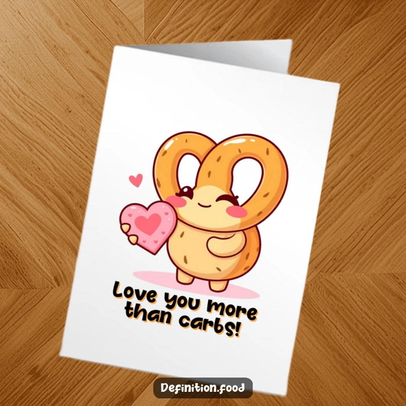 Funny free printable birthday card featuring a winking pretzel character offering a small heart cookie, spreading love and laughs.