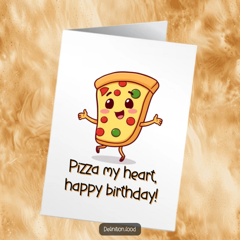 Funny Free Printable Pizza Birthday Card: playful pizza character doing a jig, celebrating a birthday, downloadable gift.