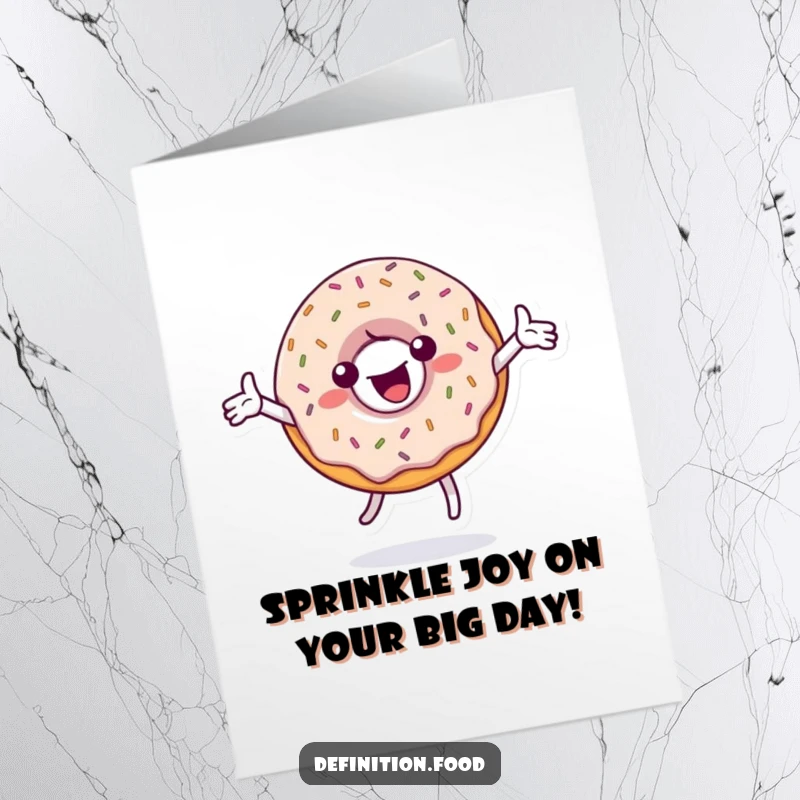 Funny Free Printable birthday card with a playful donut character spinning joyfully, covered in colorful sprinkles, wishing a happy day.