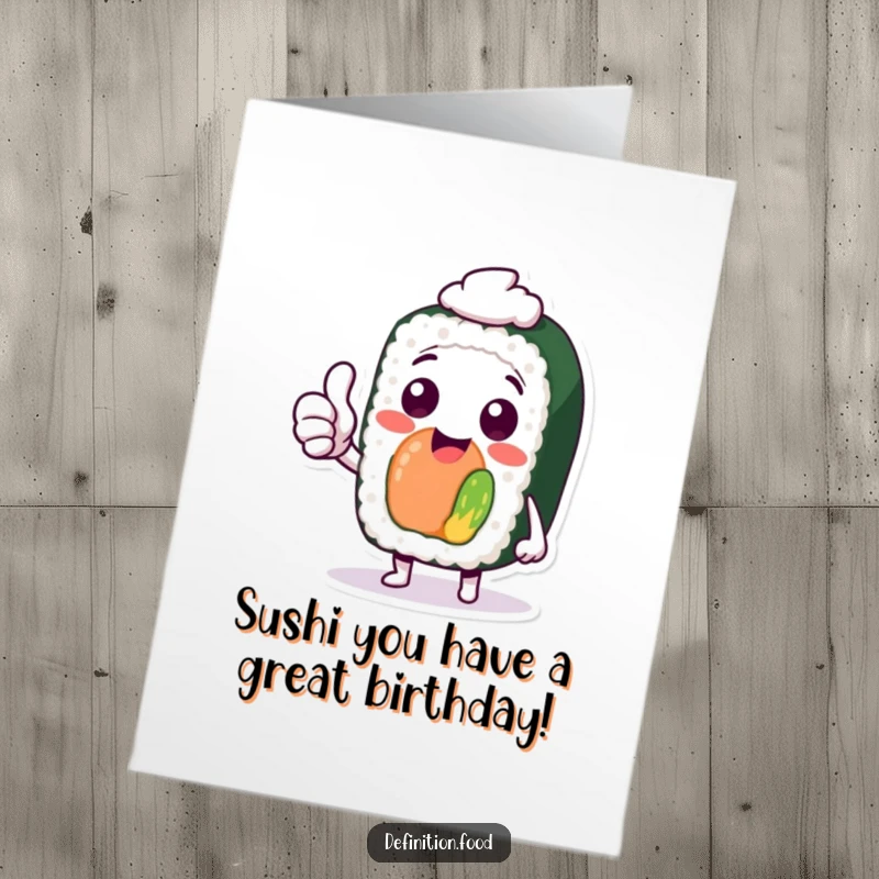 Funny free printable birthday card with a cheerful sushi character giving a big thumbs up, celebrating the special day.