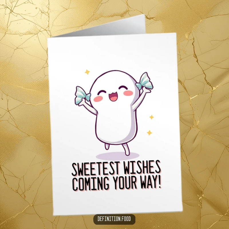 Funny Free Printable Birthday Card: A dancing candy with its wrapper shimmering with excitement celebrates a birthday with pure joy.
