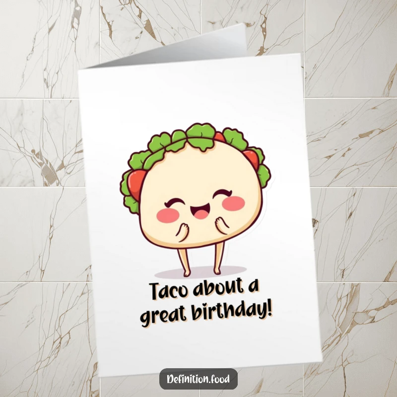 Funny Free Printable birthday card: a smiling taco with tiny legs winks and offers a delicious bite, ready for celebration.
