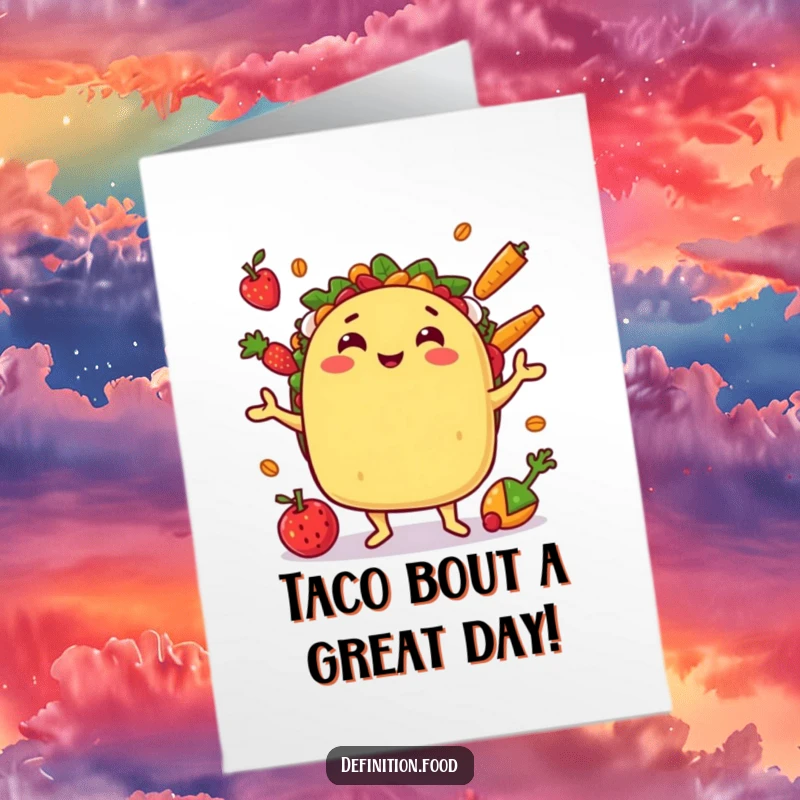 Funny Free Printable cheerful taco character with a big grin, skillfully juggling ingredients for a birthday bash.