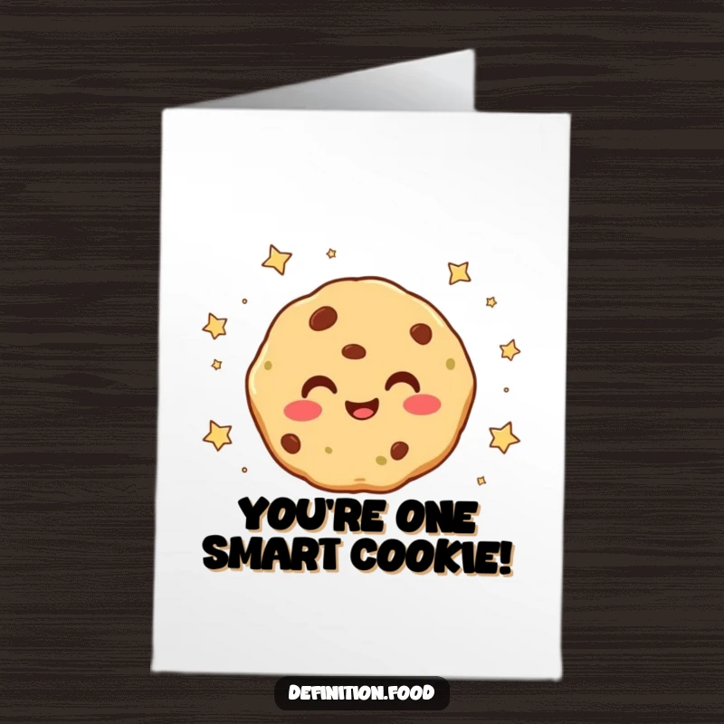 Funny free printable birthday card featuring a smiling cookie character with tiny stars falling around it, creating a magical feel.