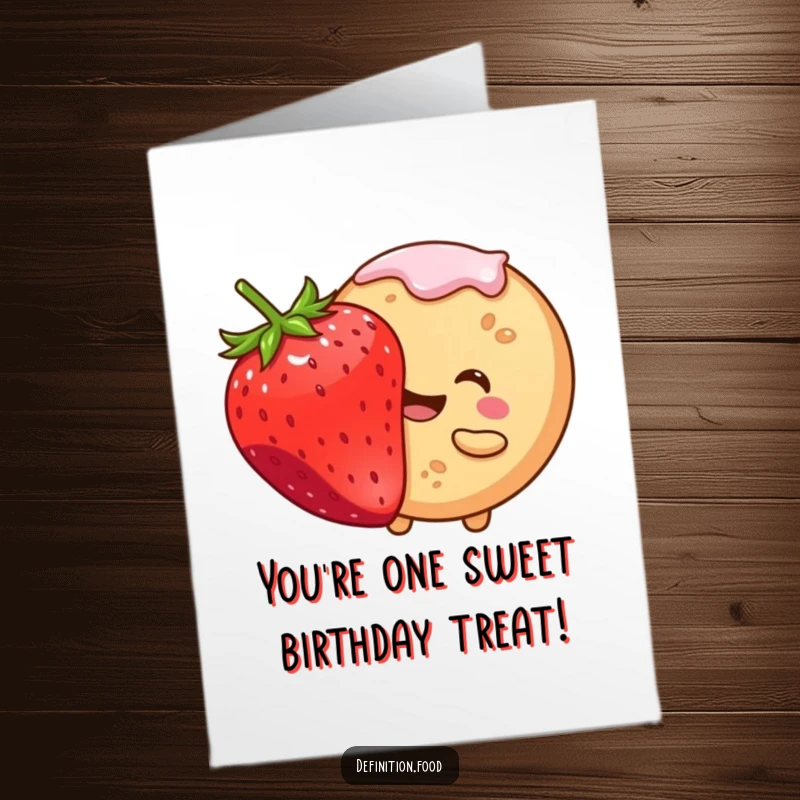 Funny free printable birthday card with a smiling cookie character taking a bite from a giant strawberry, celebrating a sweet birthday.