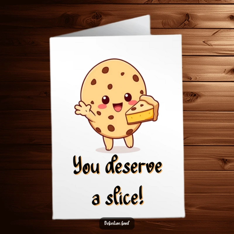 Funny free printable congratulations card showing a cookie character extending a slice of pie, sharing a sweet moment.