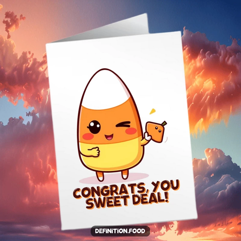 Funny Free Printable Congratulations Card: A candy corn character winks, pointing at a food icon to celebrate a sweet victory.