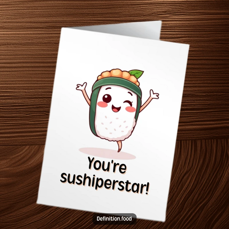 Funny Free Printable Congratulations Card: A happy sushi character mid-dance, celebrating a fantastic achievement with infectious enthusiasm.