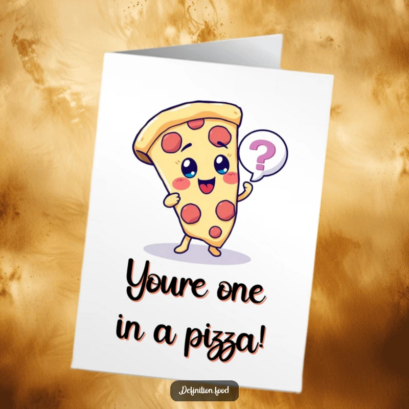 Free printable congratulations card with a joyful pizza slice character holding a quiz bubble, celebrating a big achievement. A fun message.