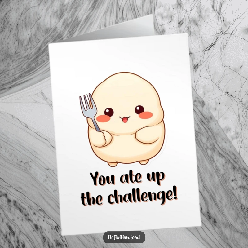 Funny Free Printable Congrats Card: Proud dumpling with rosy cheeks holds a tiny fork, celebrating success. A cute and downloadable greeting.