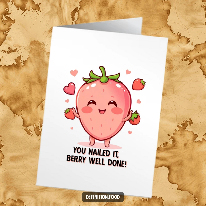 Funny Free Printable Congratulations Card: Blushing strawberry juggles concept food shapes, celebrating a major win with a shy grin.