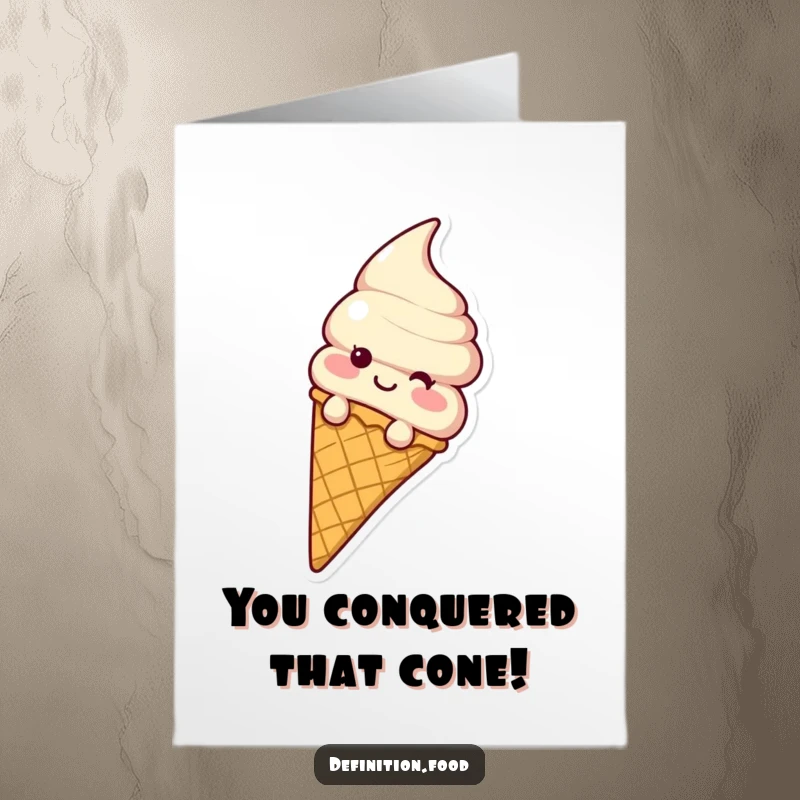 Funny Free Printable Congratulations Card: Giggling ice cream cone gleefully sliding down a waffle cone, celebrating a win.