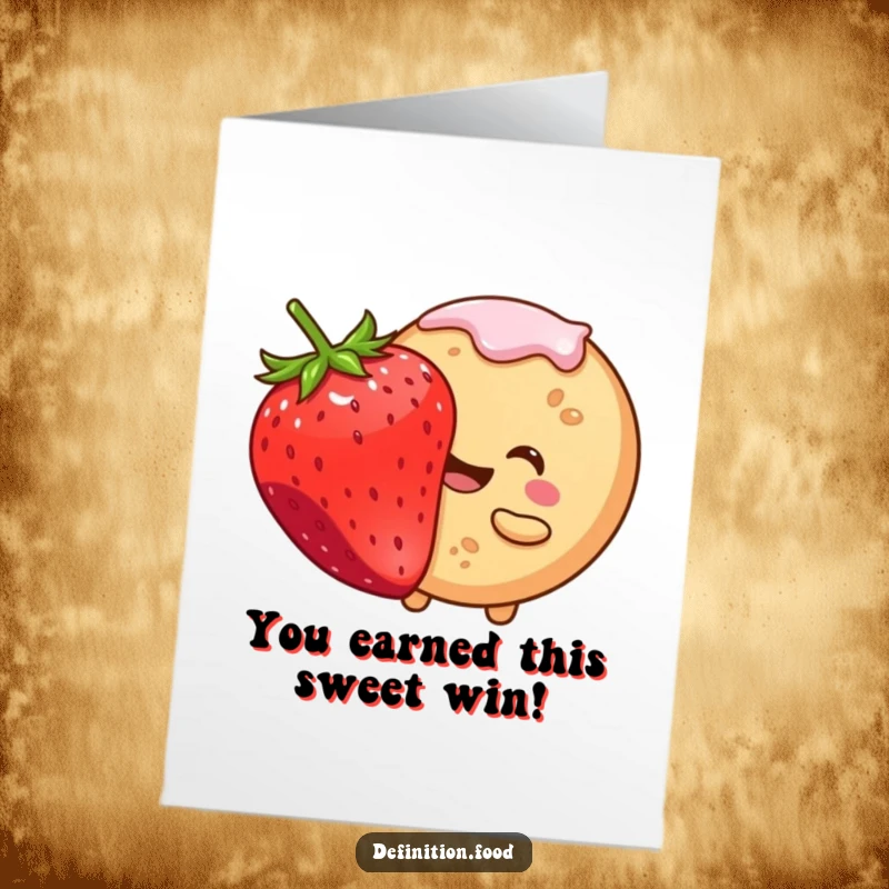 Funny free printable congratulations card featuring a smiling cookie character taking a bite from a giant strawberry, celebrating sweet success.