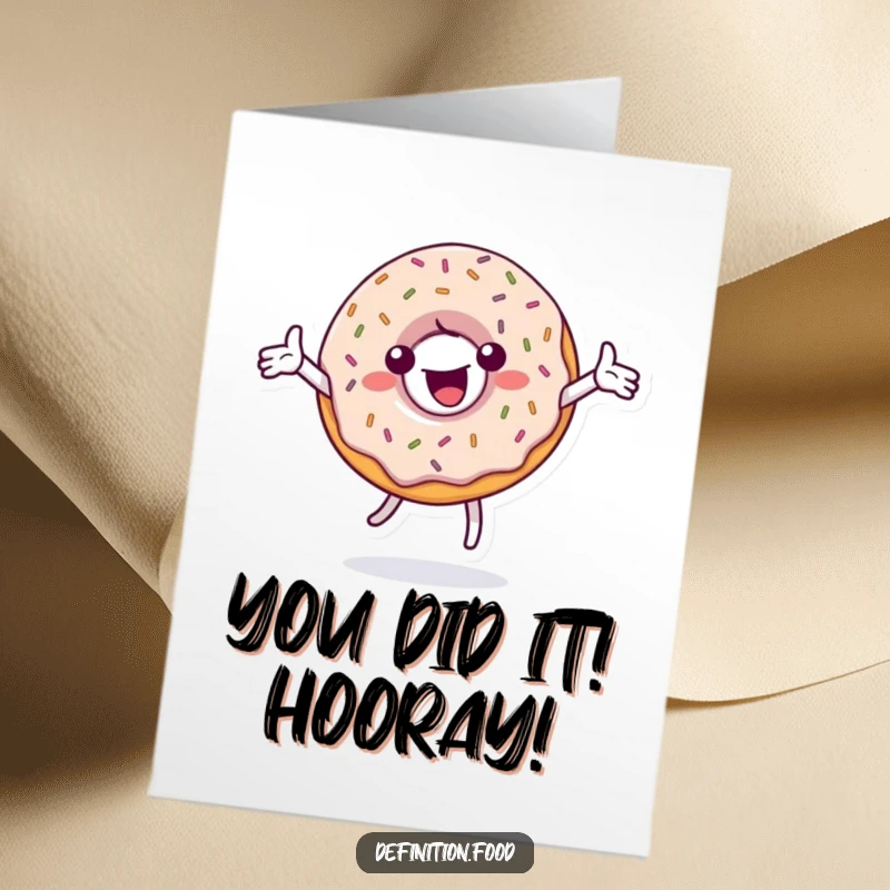 Free Printable congratulations card featuring a happy, sprinkles-covered donut character spinning with glee, celebrating an achievement.