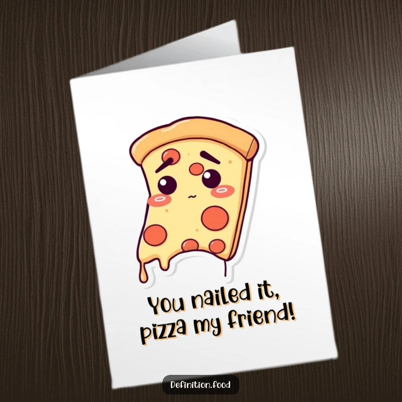 Funny free printable congratulations card with a pizza slice character with a relieved expression, droops slightly, celebrating achievement.