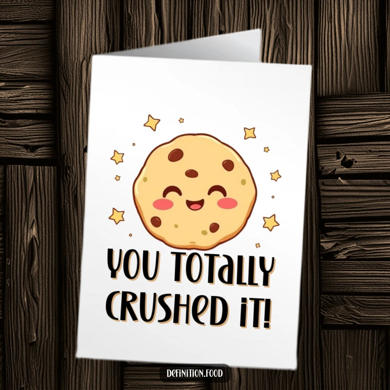Funny free printable congratulations card showcasing a smiling cookie character surrounded by falling stars, celebrating success.