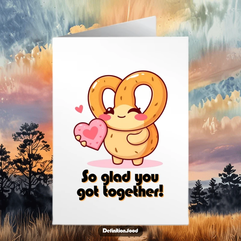 Funny free printable congratulations card showing a winking pretzel character presenting a tiny heart cookie, a sweet gesture.