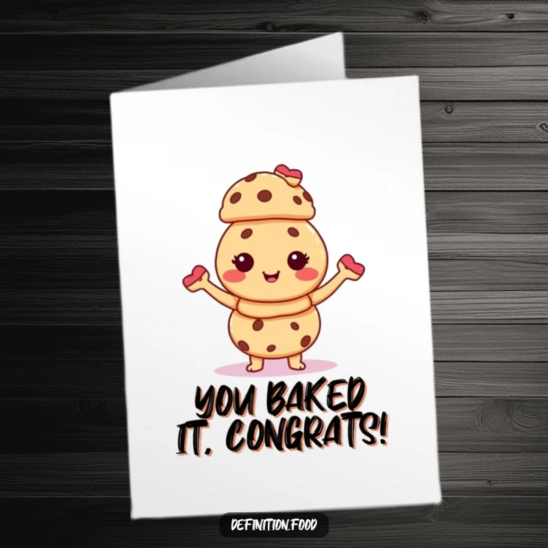 Funny Free Printable Congratulations Card showcasing a giggling cookie character proudly balancing a stack of miniature pastries.